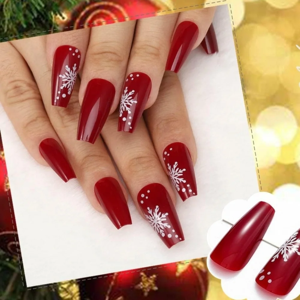 RED ❄️ Snowflake Nails 24 PCS Long 💅NAILS. glue on OR press on.
